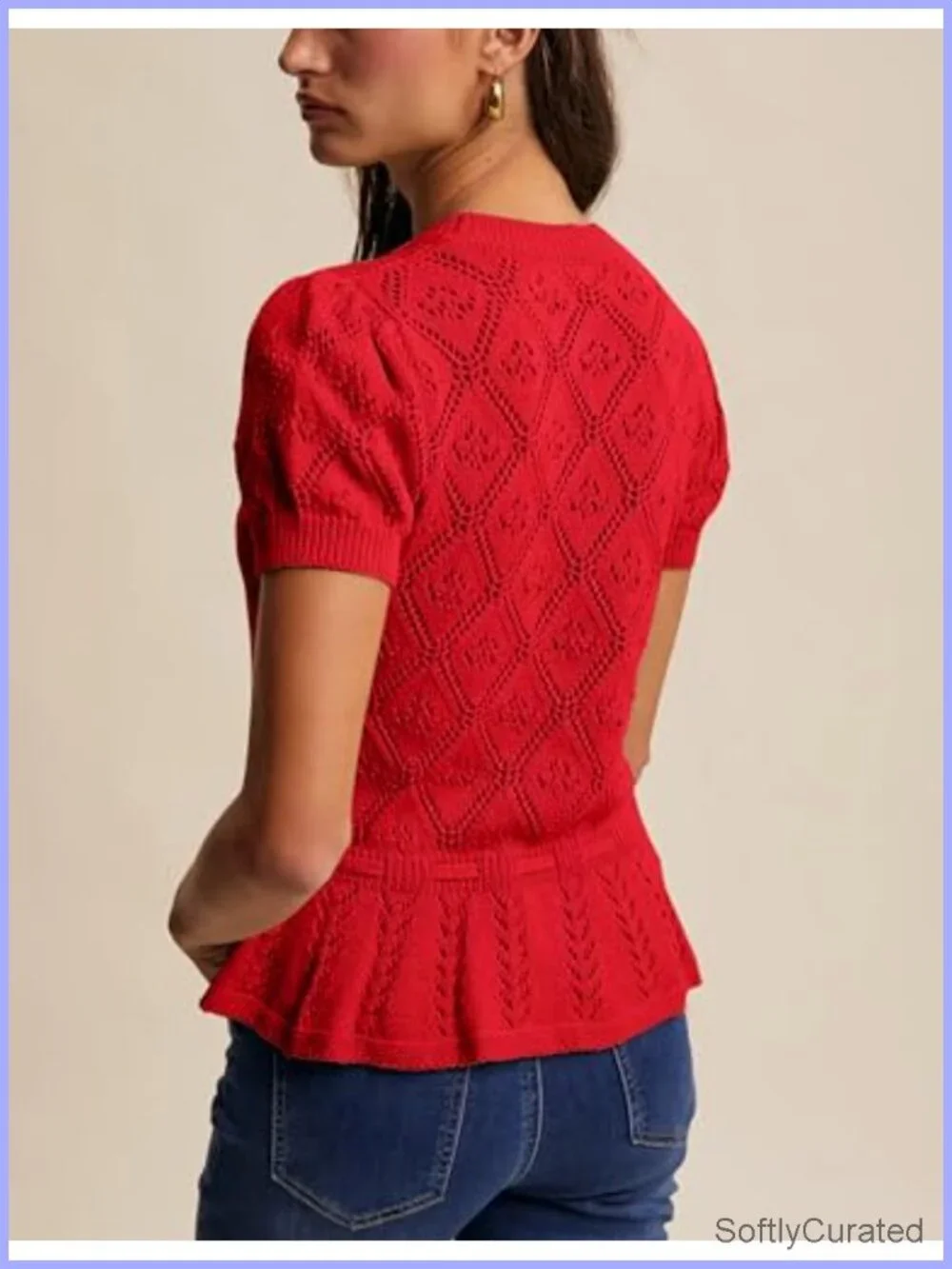 Lightweight Crochet Knit Peplum Sweater Short Sleeve Tie Front Hollow Out Top